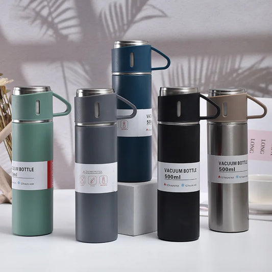 500ml Stainless Steel Vacuum Flask Gift Set with 3 Mugs